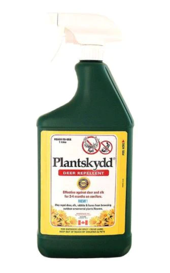Plantskyyd is a deer repellent that works on all plants to keep deer away. This ready to use spray bottle can be applied in the fall and expect to last for up to 6 months